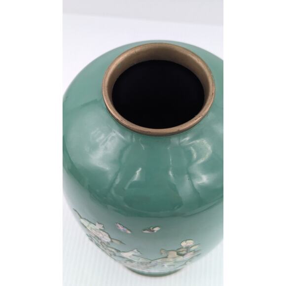 Green Enamel Brass Cloisonne Mother of Pearl Flower Bird Inlay Vase 10" Vintage - Picture 7 of 11